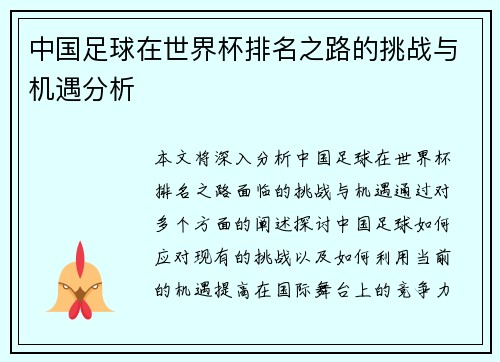中国足球在世界杯排名之路的挑战与机遇分析